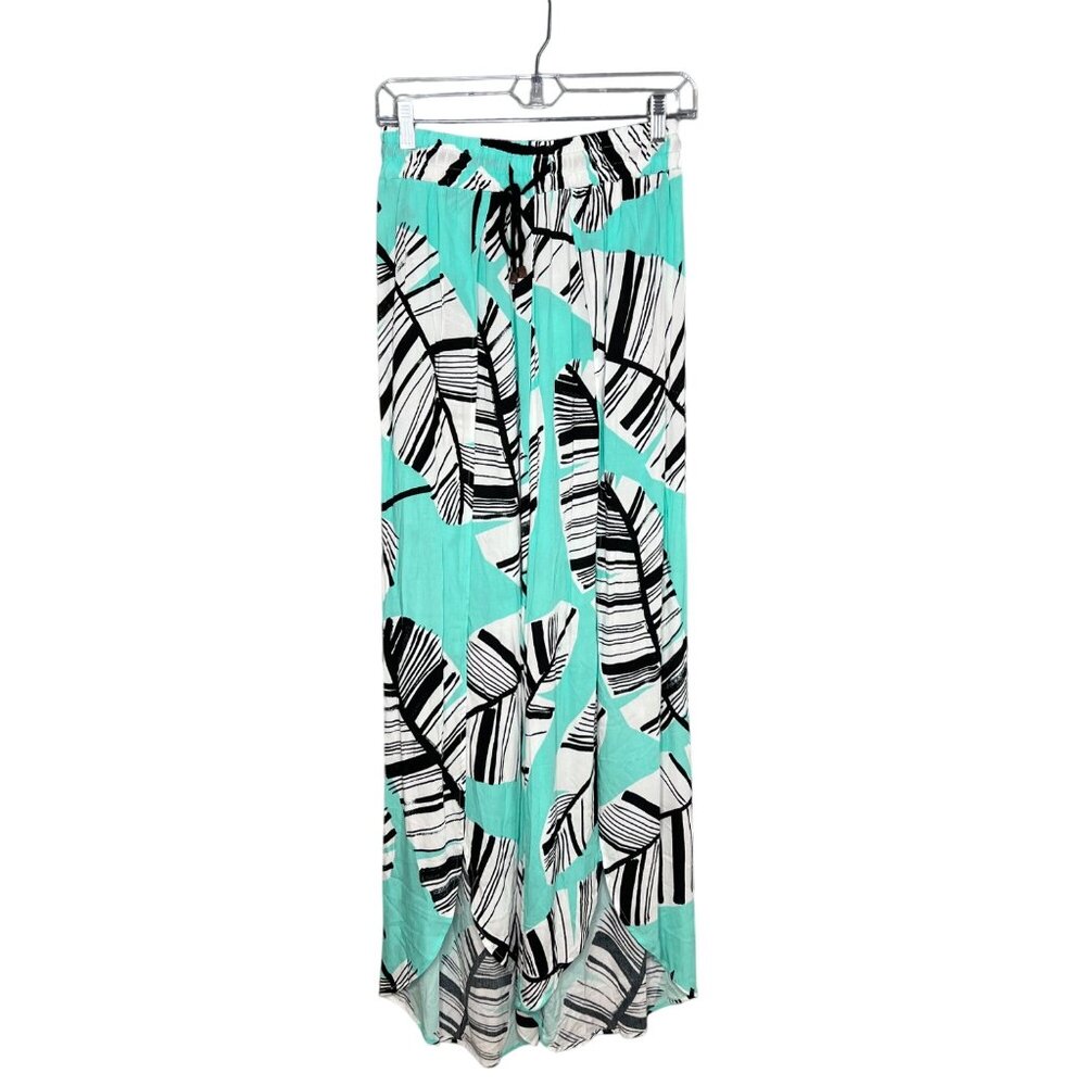 Trina Turk Aqua and Black Leaf Print Swim Coverup